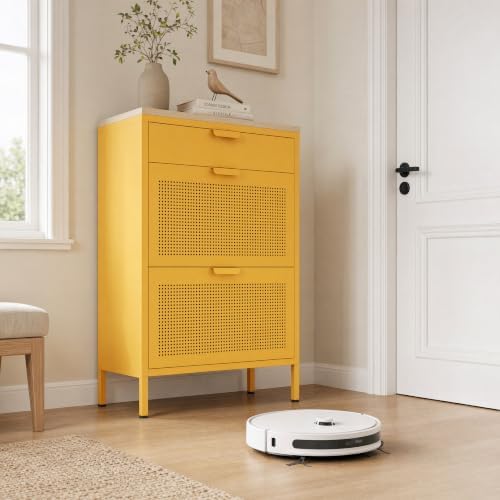 Slim Freestanding Hallway Shoe Cabinet, Metal Narrow Shoe Storage with 2 Flip Doors and Closed Drawer, Ventilated Shoe Organizer for Small Spaces, Entryway, Living Room,Yellow 40"H X 23.6"W X 11.8"D - Image 7