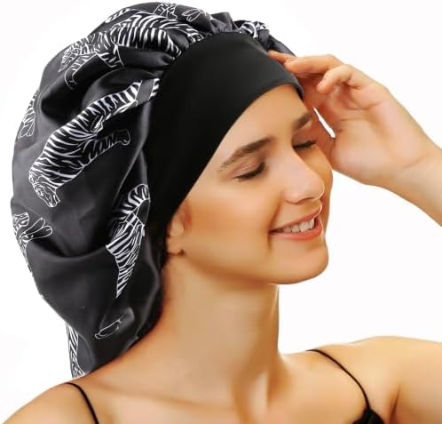 Large Round Satin Bonnet with Adjustable Elastic Band, Silver Tiger Black Sleep Cap for Curly Natural Hair Women, Frizz-Free Night Hair Protector, 1 Pack - Image 3