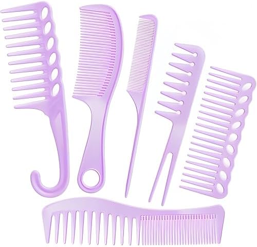 6PCS Professional Hair Comb Set for Women & Men Rat Tail, Wide & Fine Tooth Combs for Curly Hair, Braiding, Barber Styling, Cutting & Parting(Purple) by EHBELIF