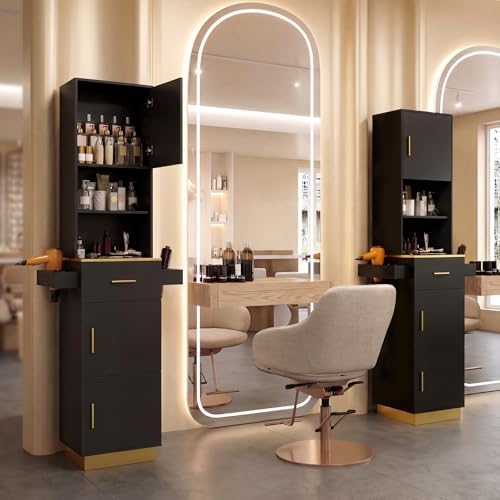 Tall Hair Salon Station for Hair Stylist with Storage (Black) - Image 2