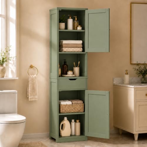 Walsunny Tall Bathroom Storage Cabinet with 6 Adjustable Shelves, Green by Walsunny