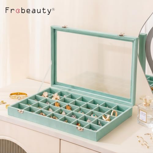 Frebeauty 35 Grid Earring Organizer,Velvet Jewelry Tray with Clear Lid - Image 2