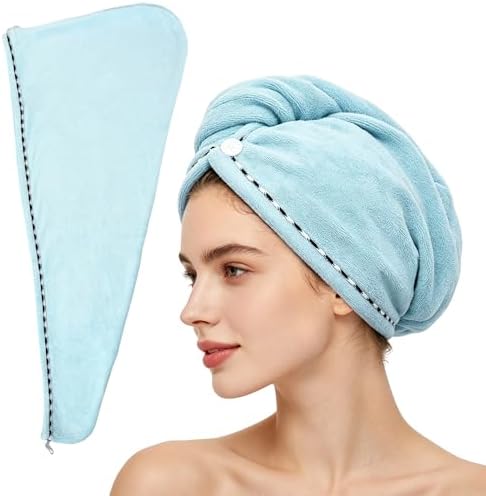 Microfiber Hair Towel Wrap 2 Pack Hair Drying Towel with Button for Women Hair Towel Turban Quick Dry Anti-frizz Absorbent Head Towel Blue by MakemadeDIY