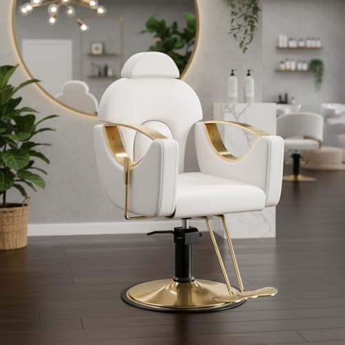 Salon Barber Chair for Hair Stylist, Professional Reclining Hydraulic Styling Chair with Heavy-Duty Pump, All Purpose Hairdresser Chair for Barbershop, Braiding, Shampoo, Spa Equipment, White Gold - Image 2