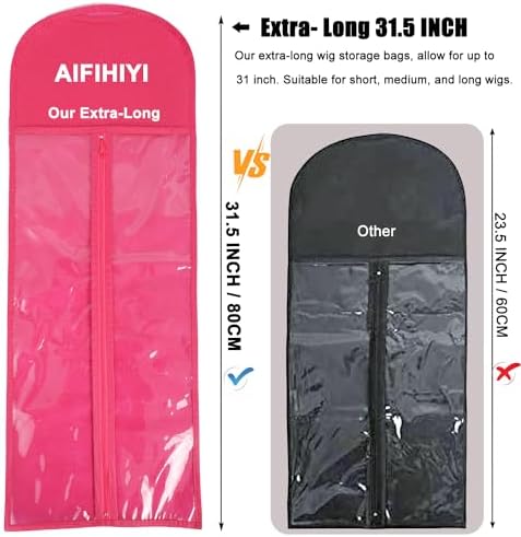 Hair Extension Holder 3Pcs Wig Storage Bags with Hanger, Wig Holder Wig Storage for Multiple Wigs, Breathable Dust-proof Extra Long Wig Bags for Hair Extensions & Accessories (Hot Pink) - Image 3