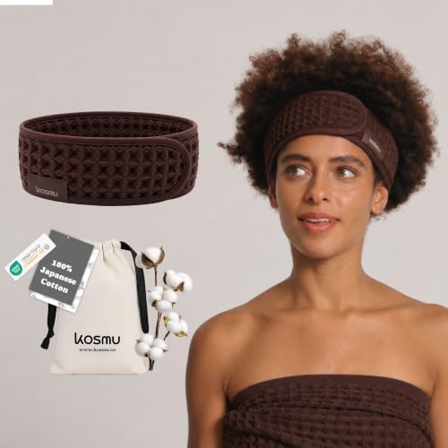 Luxury Organic Japanese Cotton Waffle Spa Headband for Women | Adjustable Towel Headband with Magic Tape | Makeup, Face Washing, Facial, Cosmetic & Skincare, Gift for Her Self-Care (Dark Cocoa) by KOSMU