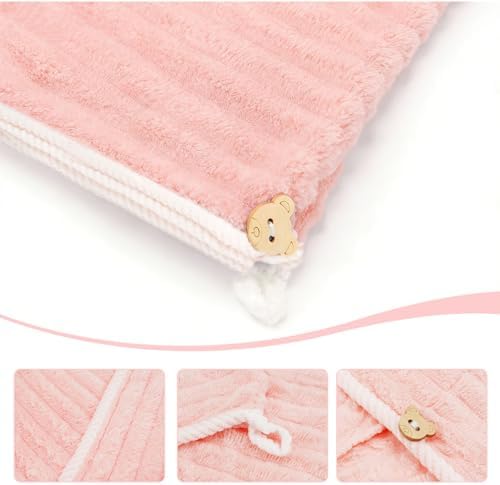 Microfiber Hair Towel Wrap for Women, Soft Lightweight Quick Dry Turban, Drying Hair Towels for Women, Hair Drying Towel with Button for Curly & Long Hair - Pink (Note: This model is ultra-slim.) - Image 3