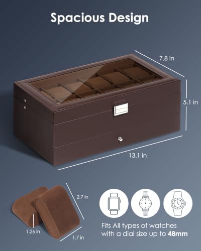 Kukikan Mens Watch Box Jewelry Organizer,12-Slot 2-Layer Watch Case -Brown - Image 6