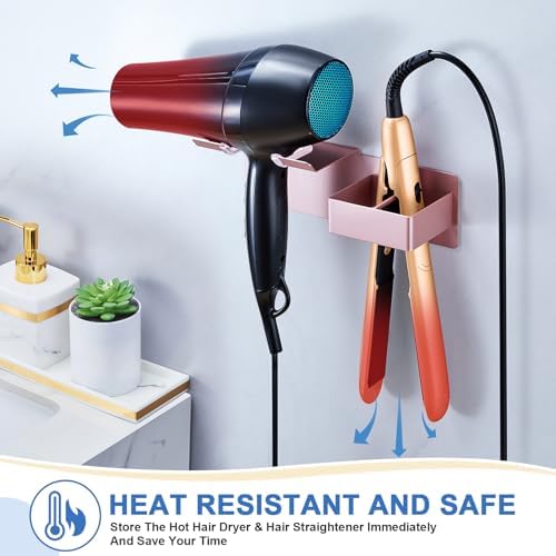 Hair Dryer Holder Wall Mounted, Hair Straightener Holder Metal, Adhesive Blow Dryer and Hair Straightener Holder, Bathroom Bedroom Hair Tool Organizer for Flat Iron,Curling Iron,Hairdryer (Rose Gold) - Image 4
