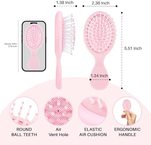 RHOS Mini Hair Brush for Women,Men and Kids-Travel Size Hair Brush for Purse, Pocket,backpack,Mini Detangler for All Hair Types (1 Pack-Pink) - Image 2