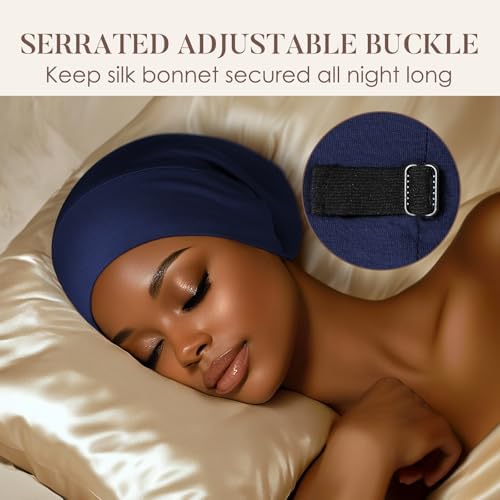 LULUSILK 100% Mulberry Silk Bonnet for Sleeping Women and Men, Navy Blue - Image 4