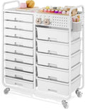 14 Drawer Rolling Storage Cart with Tabletop and Pegboard for Crafts White by APEXCHASER