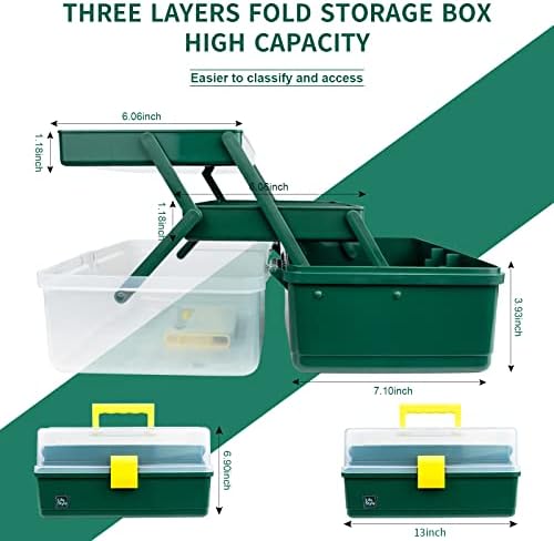 Creahaus 13 inch Art Craft Organizer Storage Box with 3 Layer, Multipurpose Plastic Tool Box with Handle for Sewing, Art Supply, Medicine, Nail, Hair Accessories (Dark Green) - Image 2