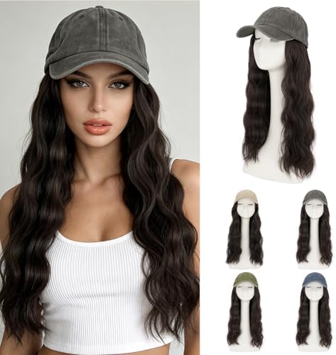 Rich Choices Hat Wigs for Women,Dark Gray Baseball Cap with Hair Extensions for Women,Caps with Wavy Curly Synthetic Long Hair Attached Adjustable Baseball Cap Wig 18 Inch Dark Brown Hair by RichChoices