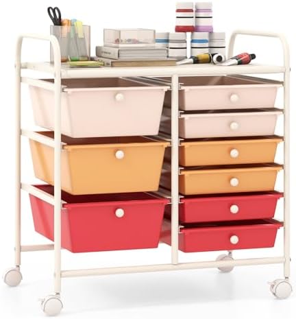 Giantex 9 Drawers Rolling Cart, Classroom Organizers, Storage Cart with Wheels, for Teacher Office Home School Supplies Tool Craft Art Paper, Macaron Multicolor by Giantex