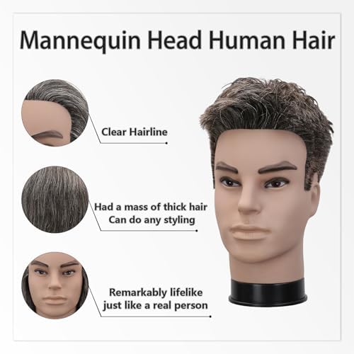 12" Male Barber Mannequin Head, 100% Real Human Hair Salt & Pepper Pale Ash Grey White Hair, Hair Cutting Styling Practice Manikin for Hairdresser Training, Free Clamp Stand Included (Black and white) - Image 4