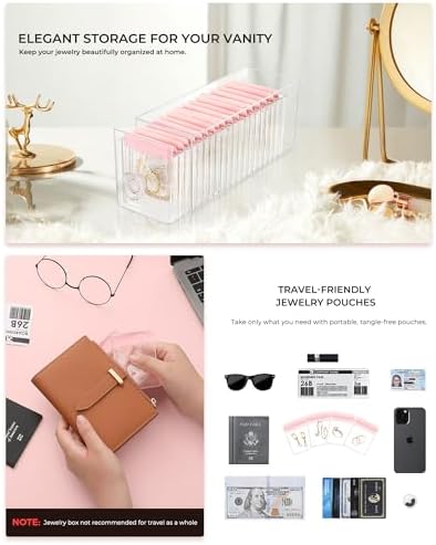 HOMEHIVE Clear Acrylic Jewelry Organizer Box with 20 Portable Pouches, Jewelry Storage Case for Women Girls, Tangle-Free, Anti-Tarnish, Compact Storage for Necklaces/Earrings/Rings, Upgraded Pink - Image 6