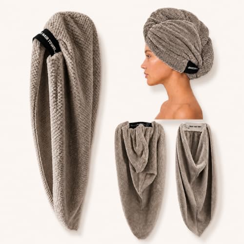 – Microfiber Hair Towel Wrap for Women, Super Absorbent, Quick Dry, Lightweight, Anti-Frizz, Long Thick Curly Hair (Natural Taupe, Large) by SmartHairTowel