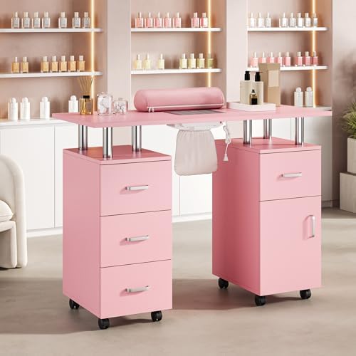 Manicure Table Nail Desk, Nail Station with Electric Dust Collector, Wrist Rest and Storage Drawers Cabinet, Beauty Salon Workstation for Nail Tech, Pink - Image 2