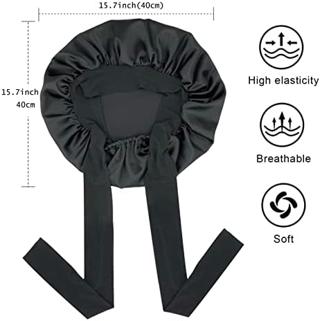 Satin Silk Hair Bonnet for Sleeping Large Bonnets with Tie Band Wrap with Adjustable Straps Night Sleep Caps for Women Curly Braid Hair Hair Black - Image 3