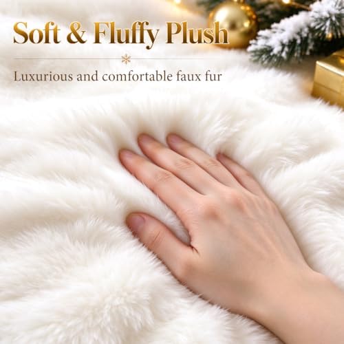 36 Inch White Christmas Tree Skirt, Fluffy Plush Round Base Cover - Image 6