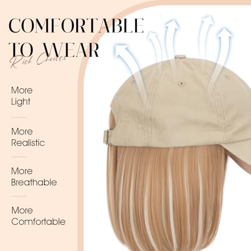 Rich Choices Hat Wigs for Women/Men,Khaki Baseball Cap with Hair Extensions for Women,Short Bob Hairstyle Caps with Hair Attached Adjustable Baseball Cap Wig 6 Inch Highlighted Honey Blonde Hair - Image 4