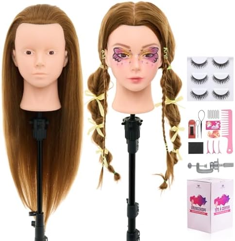 28Inch Mannequin Head with 80% Real Human Hair- Cosmetology Mannequin Head with Hair for Makeup Braiding Curling Cutting, Make up Doll head for Styling with Table Clamp Hair Styling Set (Blonde) by NeverlandBeautyHealth