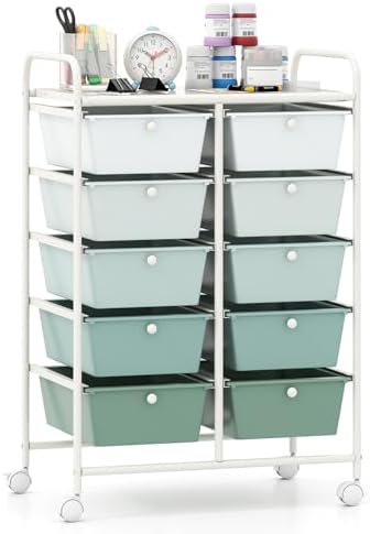 Giantex 10 Drawers Rolling Cart, Classroom Organizers, Storage Cart with Wheels, for Teacher Office Home School Supplies Tool Craft Art Paper, Green Gradient by Giantex
