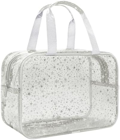Clear White Star Large Makeup Bag with Star Pattern 12x5x8 inch, Travel Cosmetic Bag with Handle, Durable PVC Material Washbag Zipper Opening Design for Makeup Travel Organizer or Gym Use by junesters