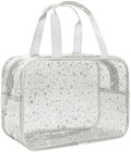 Clear White Star Large Makeup Bag with Star Pattern 12x5x8 inch, Travel Cosmetic Bag with Handle, Durable PVC Material Washbag Zipper Opening Design for Makeup Travel Organizer or Gym Use by junesters