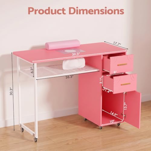 Manicure Table Nail Desk with Dust Collector & Wheels (Pink) - Image 2