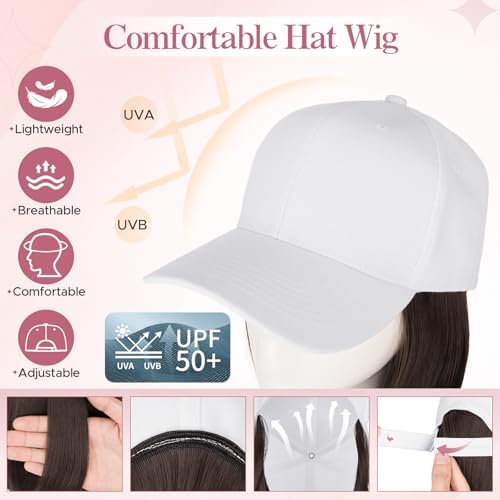 SEGO Baseball Cap with Hair Extensions for Women Heat Resistant Synthetic Hair Attached Short Straight Hairpiece White Baseball Cap Wig Adjustable Hat Wigs for Women 6 Inch 6A Dark Brown - Image 2