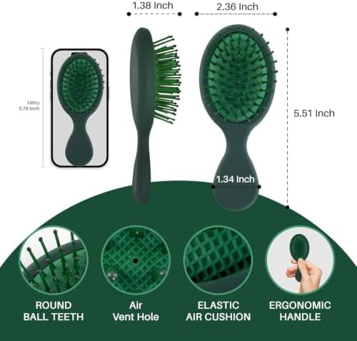 RHOS Mini Hair Brush for Women,Men and Kids-Travel Size Hair Brush for Purse,Pocket,backpack-Small Cushion Paddle Brush with Soft Bristles-Mini Detangler Brush for All Hair Types(1 Pack-Green) - Image 2