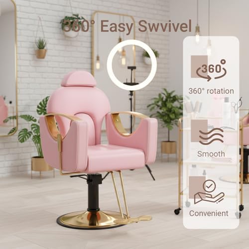 Salon Barber Chair for Hair Stylist, Professional Reclining Hydraulic Styling Chair with Heavy-Duty Pump, All Purpose Hairdresser Chair for Barbershop, Braiding, Shampoo, Spa Equipment, Cute Pink - Image 6