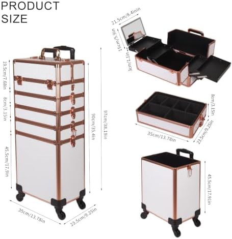 Rolling Makeup Train Case, 6 in 1, White - Image 3