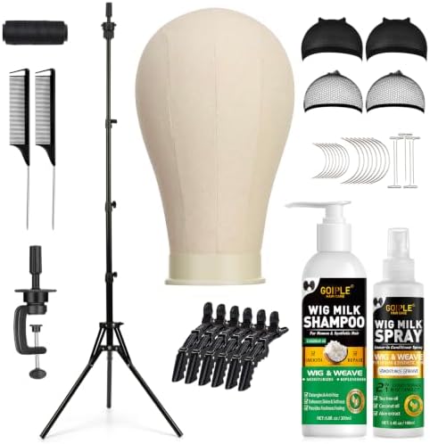 Wig Stand Tripod Metal Adjustable Mannequin Head Stand - Mannequin Wig Head with Mount Hole, Manikin Head for Wigs Making, Drying, Styling and Display - Wigs Shampoo & Milk Spray T Pins Hair Cap Set by Goiple
