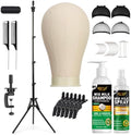 Wig Stand Tripod Metal Adjustable Mannequin Head Stand - Mannequin Wig Head with Mount Hole, Manikin Head for Wigs Making, Drying, Styling and Display - Wigs Shampoo & Milk Spray T Pins Hair Cap Set by Goiple