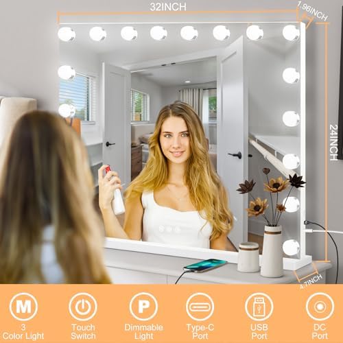 Moonee Vanity Mirror with Lights, Hollywood Lighted Makeup Mirror with 18 Dimmable Bulbs and 10X Magnification, 3 Colors Modes, Light Up Mirror, Gifts for Women, Girls,Dorm Room Essentials（32" x 24"） - Image 2