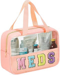 BuyCard Chenille Letter Bag Clear Meds Bag Preppy Makeup Bag Medicine Bags for Travel Zipper Pouch with Handle Nylon & PVC Waterproof Portable Cosmetic Bag Toiletry Organizer for Women Girls Pink by BuyCard