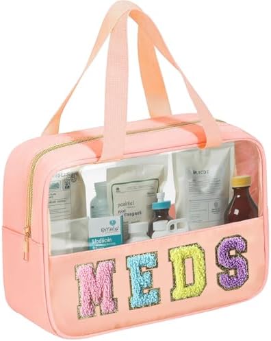 BuyCard Chenille Letter Bag Clear Meds Bag Preppy Makeup Bag Medicine Bags for Travel Zipper Pouch with Handle Nylon & PVC Waterproof Portable Cosmetic Bag Toiletry Organizer for Women Girls Pink by BuyCard