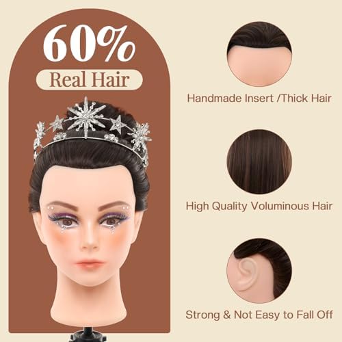28Inch 80% Real Hair Mannequin Head - Cosmetology Mannequin Head with Hair for Makeup Braiding Makeup Curling Cuting, Make up Doll Head for Styling with Table Clamp hair Styling Set (Dark Brown) - Image 2