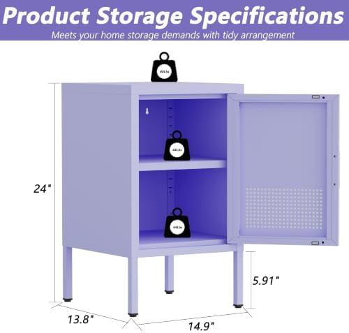 Purple Metal Freestanding Nightstand Cabinet, Ventilated Single Door End Table with Adjustable Shelf & 2-Tier Storage for Bedroom Living Room Entryway Office - Image 2