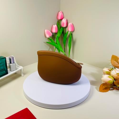 Small Makeup Bag Premium Silicone Purse Bag Multifunctional Essential Bag Zipper Pouch Water and Heat Resistant (Brown) - Image 4