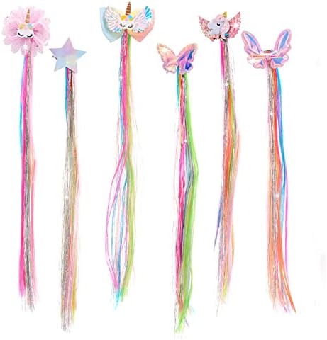 Little World 6 Pcs Rainbow Hair Extensions, Unicorn Hair Clips for Girls' Ponytails - Colored Accessories by LittleWorld