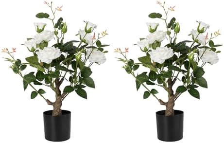 24’’ Artificial Rose Tree, 2 Pack Faux Rose Plants with White Flowers and Green Leaves, 2FT Silk Potted Tree for Indoor Outdoor Home Office Porch Garden Decor, White by Jcezvnt