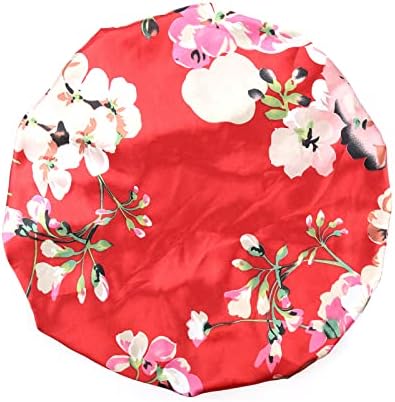 Large Round Satin Bonnet for Sleeping, Double-Layer Elastic Hair Bonnet with Silky Tie Band for Women Braids/Curly/Long Hair - Red Floral - Image 2