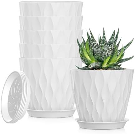 5 Inch Planter Pots, 6 Pack Indoor Planters, Small Flower Pots with Drainage Holes and Tray for Succulents, Orchids, Herbs and Other Indoor Plants (White, 5inch) by SQKH