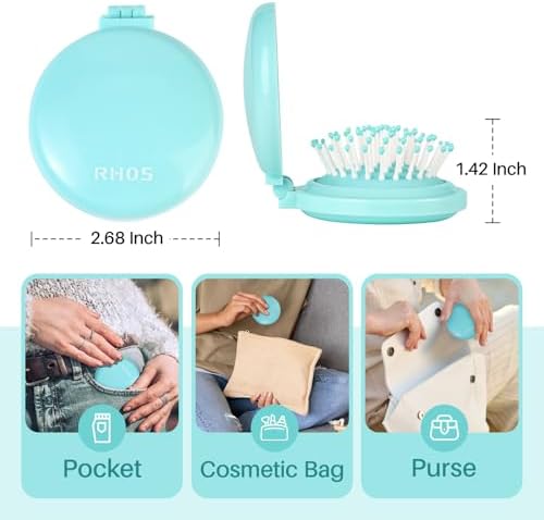 RHOS Folding Brush with Mirror for Women, Men & Kids - Compact, Portable, and Foldable for Travel, Purse or Pocket (Blue) - Image 2