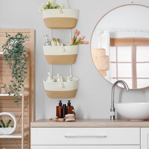 TeoKJ Over the Door Hanging Baskets with Wooden Button, 3-Tier Wall-Mounted Decorative Nursery Kitchen Baskets, White & Jute - Image 6
