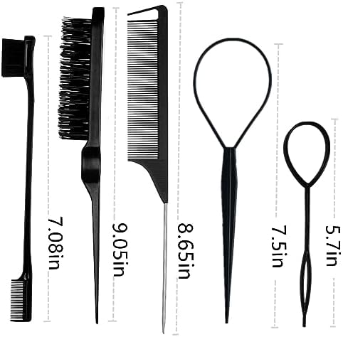 5Pcs Slick Back Brush Set with Topsy Tail Tool, Teasing Bristle, Rat Comb for Women & Girls Hair Styling, Flyaways Control and Edge Combing - BIACK - Image 7
